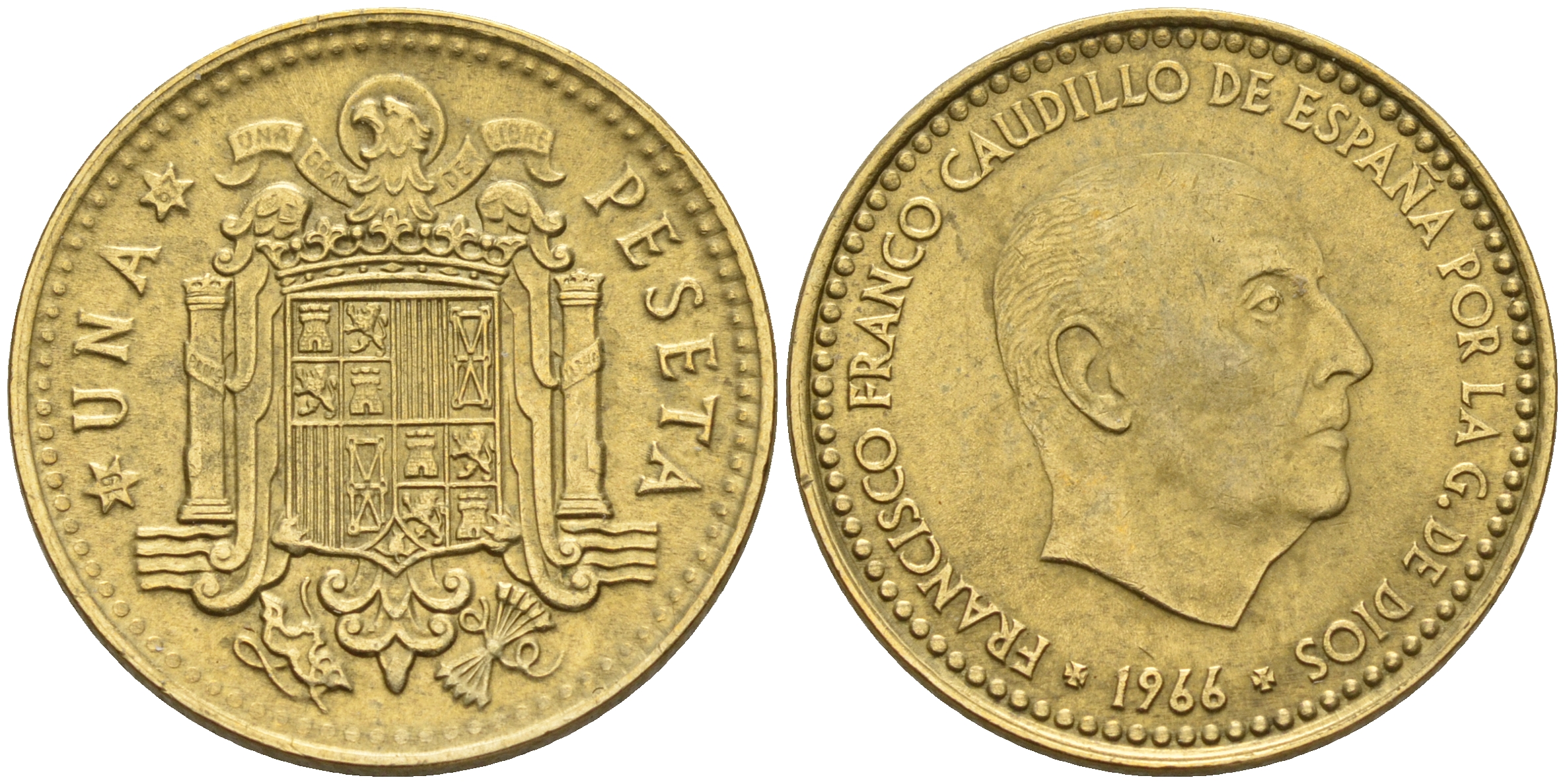 Испания 1 песета 1966 (67) Франсиско Франко (1939-1975) KM 796 алюминиевая бронза    4161-853