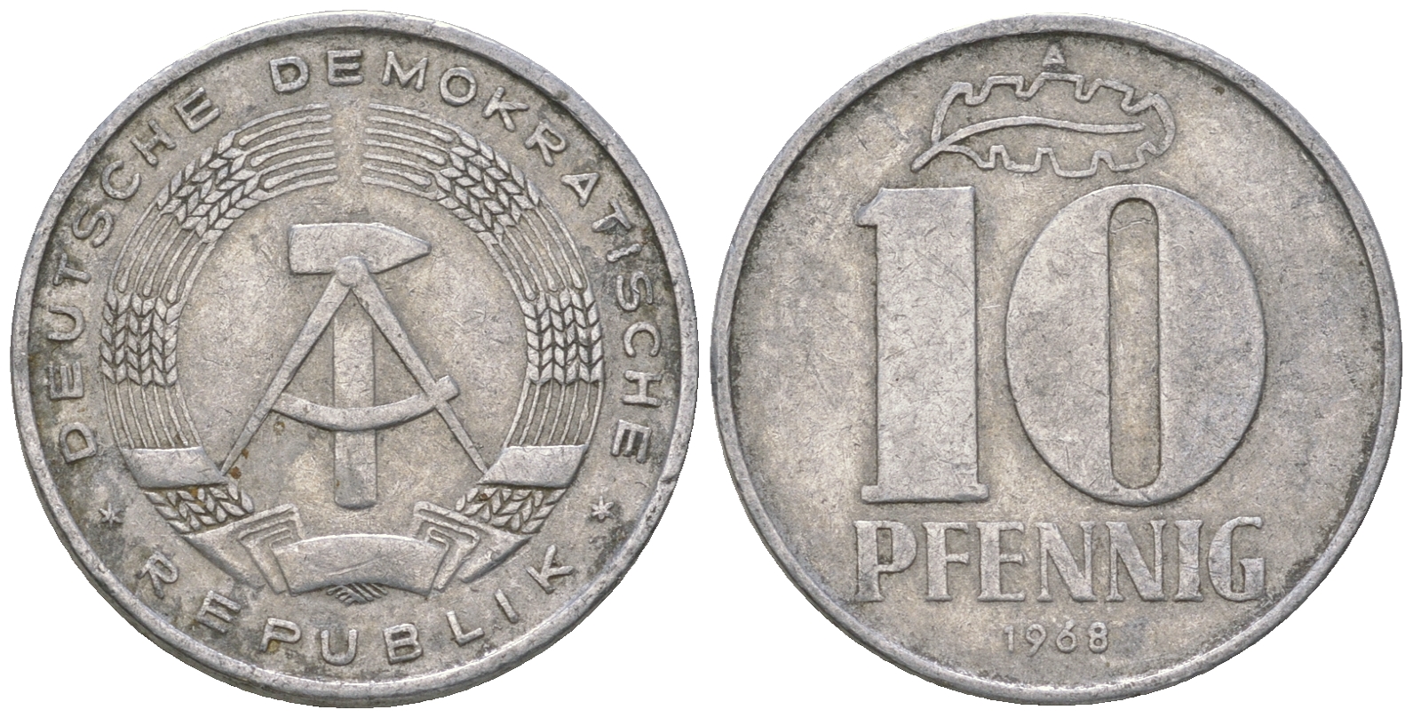 ГДР 10 пфеннигов 1968 A KM 10 алюминий 3459-617