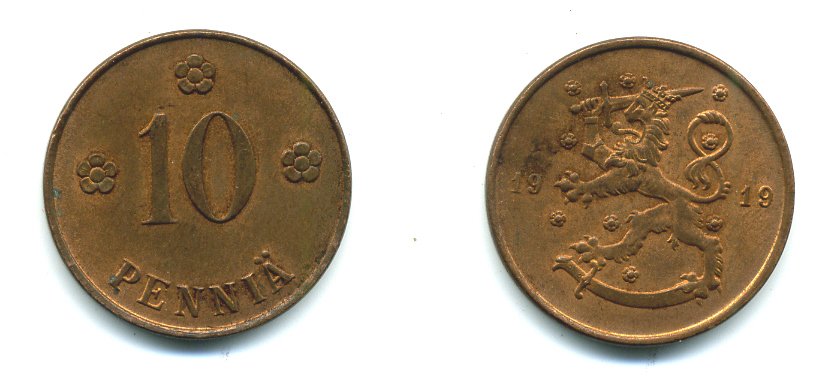 Финляндия 10 пенни 1919 KM 24 медь 37-124