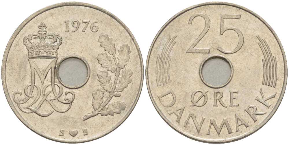 Дания 25 эре 1976 S; B, Маргрете II (1972- ) KM 861.1 медно-никель 94-656