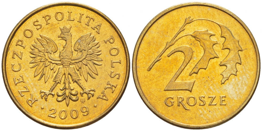 ПОЛЬША 2 ГРОША 2009 MW KM 277 латунь UNC 4516-1145