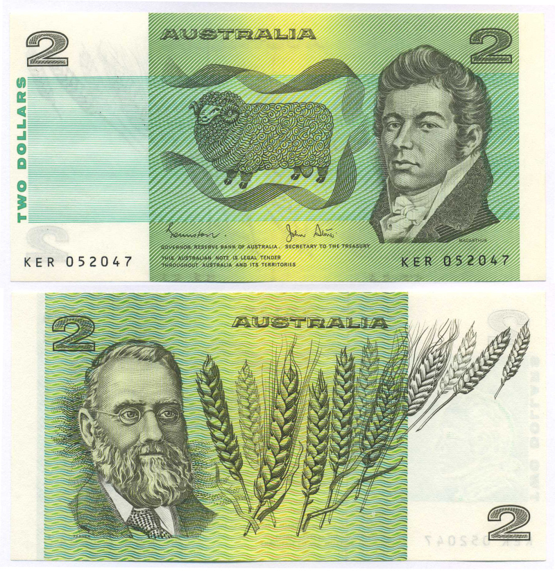 Австралия 2 доллара ND (1974-1985) Джон Макартур, Уильям Фаррер, подписи Johnston & Stone Pick 43 d бумага UNC (пресс) 7148-10-3