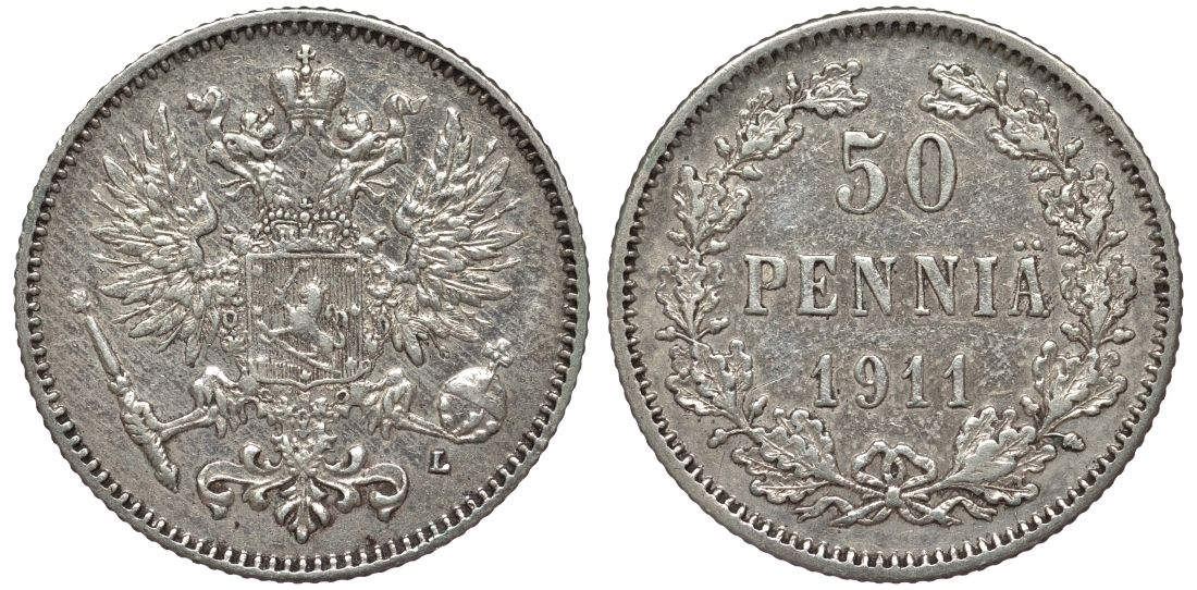 Россия для Финляндии 50 пенни 1911 L, Николай II (1894-1917) КМ 2.2, Биткин 404 серебро 75-856