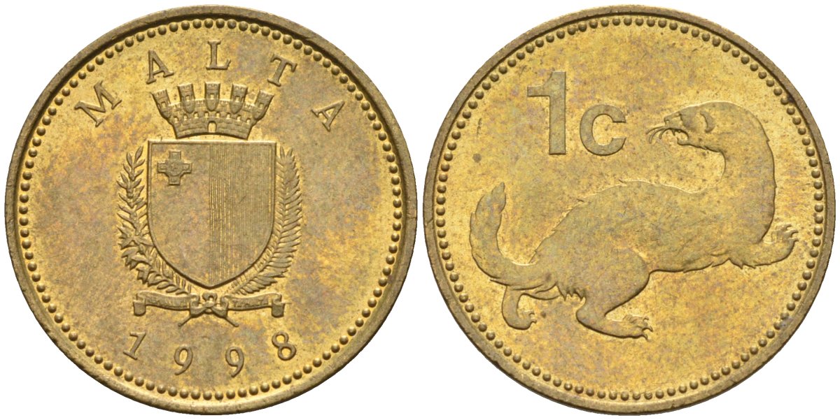 Мальта 1 цент 1998 ласка, горностай KM 93 никель латунь 4585-1242
