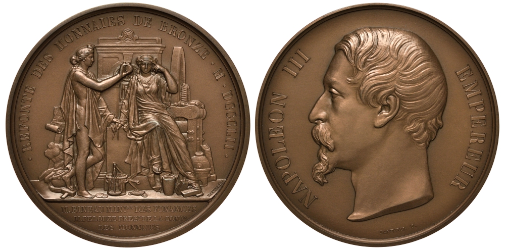 Франция медаль 1852 Наполеон III Император, переплавка бронзовых монет, Бино министр финансов, Пелуз президент комиссии по переплавке, гуртовая надпись, новодел 1967, диаметр 68 мм., вес 143,1 гр.  бронза    11-013-23-1