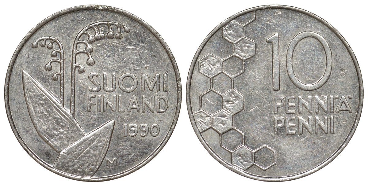 Финляндия 10 пенни 1990 KM 65 медно-никель 4173-661