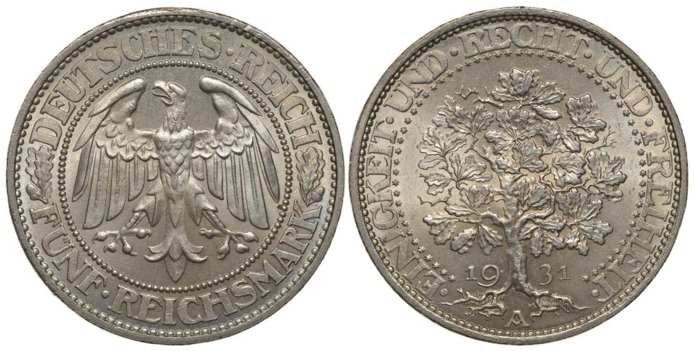 Германия 5 марок 1931 A, Дуб. Единство, справедливость, свобода, цена по каталогу МТ 450 евро J. 331, KM 56 серебро UNC 00-804-09