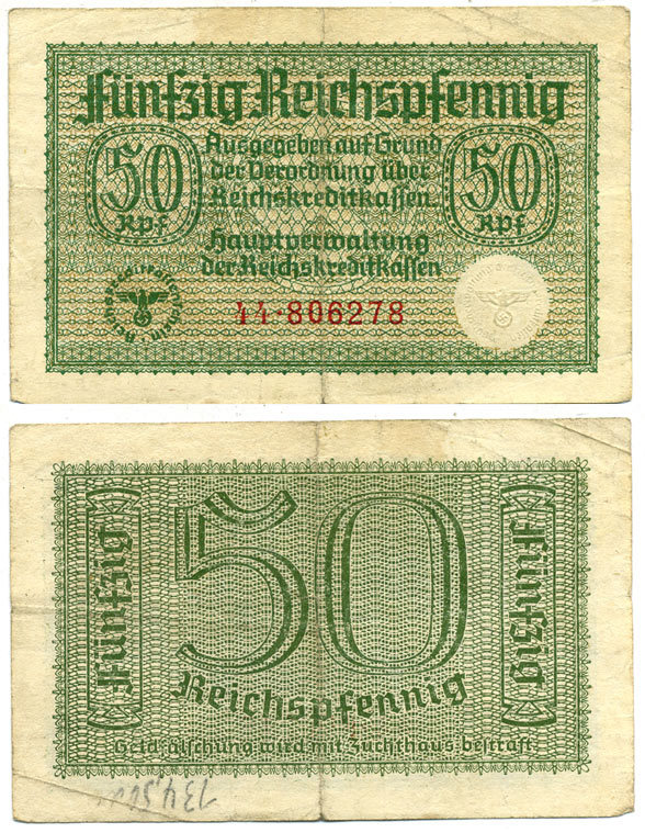 ГЕРМАНИЯ 50 РЕЙХСПФЕННИГОВ 1940-1945 ДЛЯ ОККУПИРОВАННЫХ ТЕРРИТОРИЙ Pick R135 бумага 3295-88-3-2