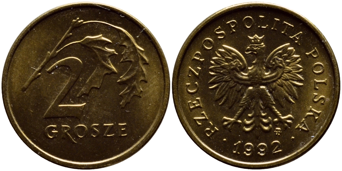 ПОЛЬША 2 ГРОША 1992 MW KM 277 латунь UNC 26-554