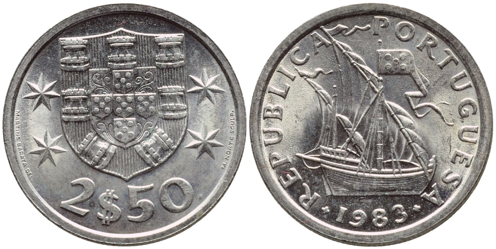 Португалия 2,5 эскудо 1983 парусник KM 590 медно-никель 4396-156