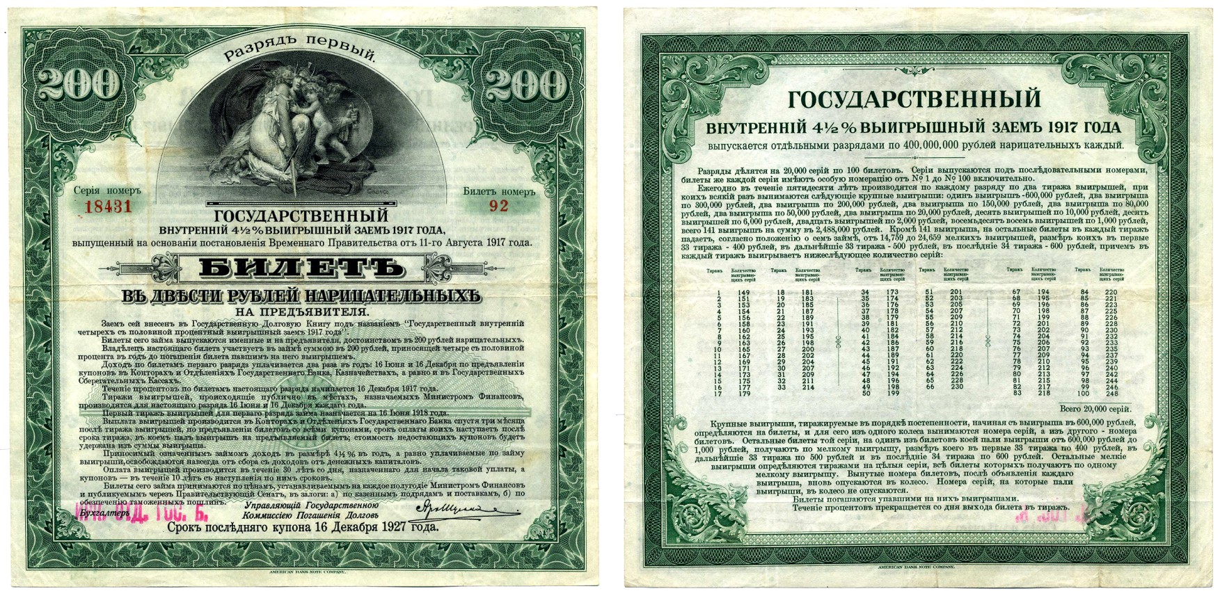 РОССИЯ 200 РУБЛЕЙ 1917 БИЛЕТ ГОСУДАРСТВЕННОГО 4 1/2 % ВЫИГРЫШНОГО ЗАЁМА ВРЕМЕННОГО ПРАВИТЕЛЬСТВА, РАЗРЯД 1, БИЛЕТ №92, СЕРИЯ НОМЕР 18431, ИРКУТСКОЕ ОТД. ГОСБАНКА бумага VF 510-27-1-2