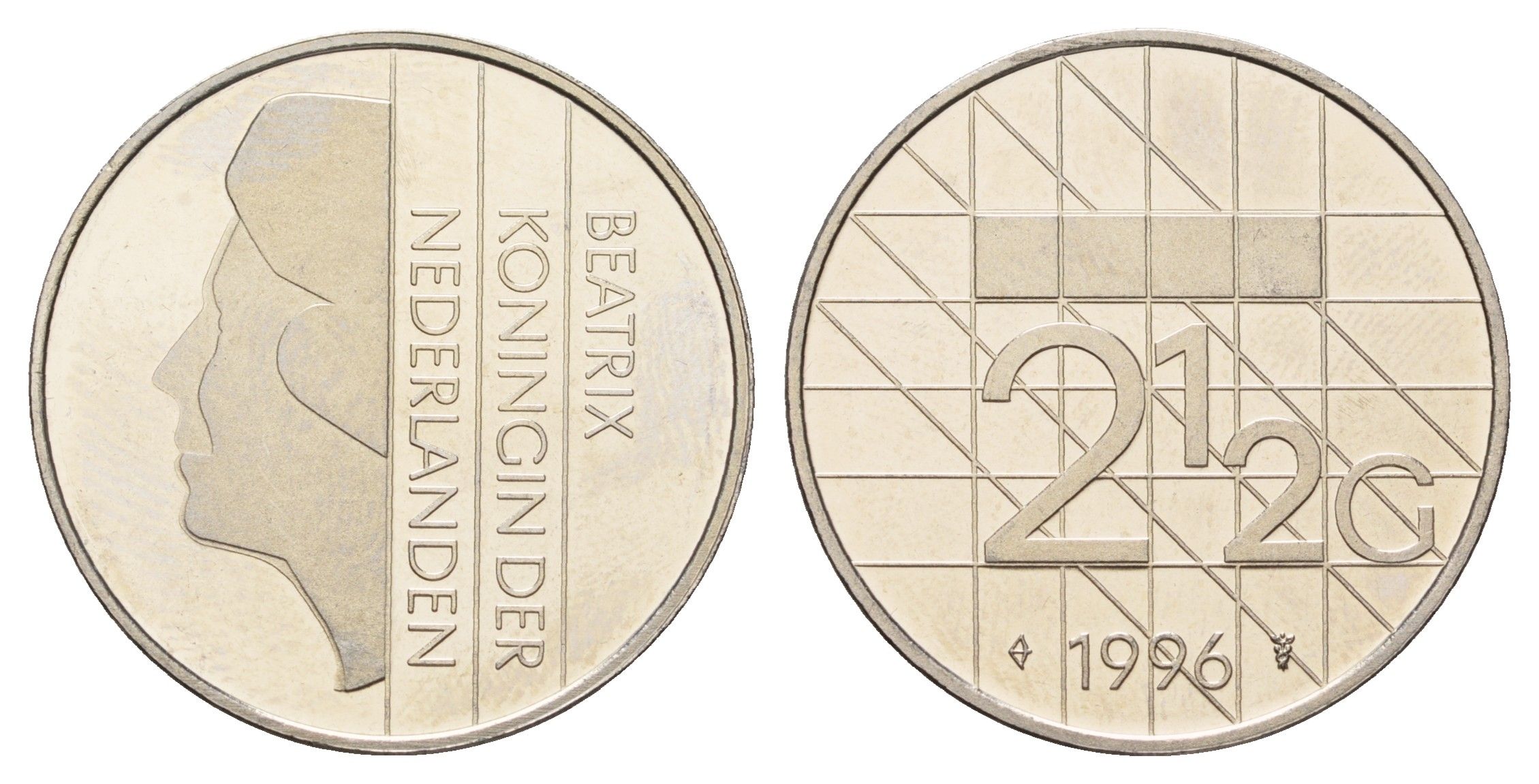Нидерланды 2 1/2 гульдена 1996 Беатрикс (1980-2013), редкий год KM 206 никель UNC 4367-715