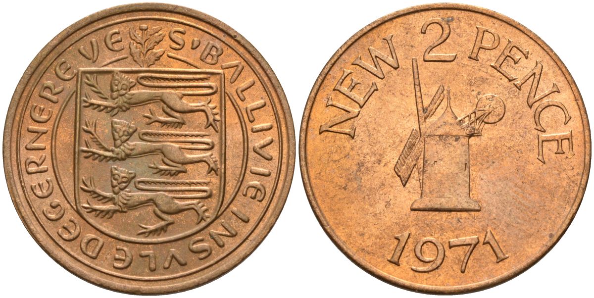 Гернси 2 пенса 1971 Елизавета II (1952-2022), ветряная мельница KM 22 бронза aUNC 4153-715