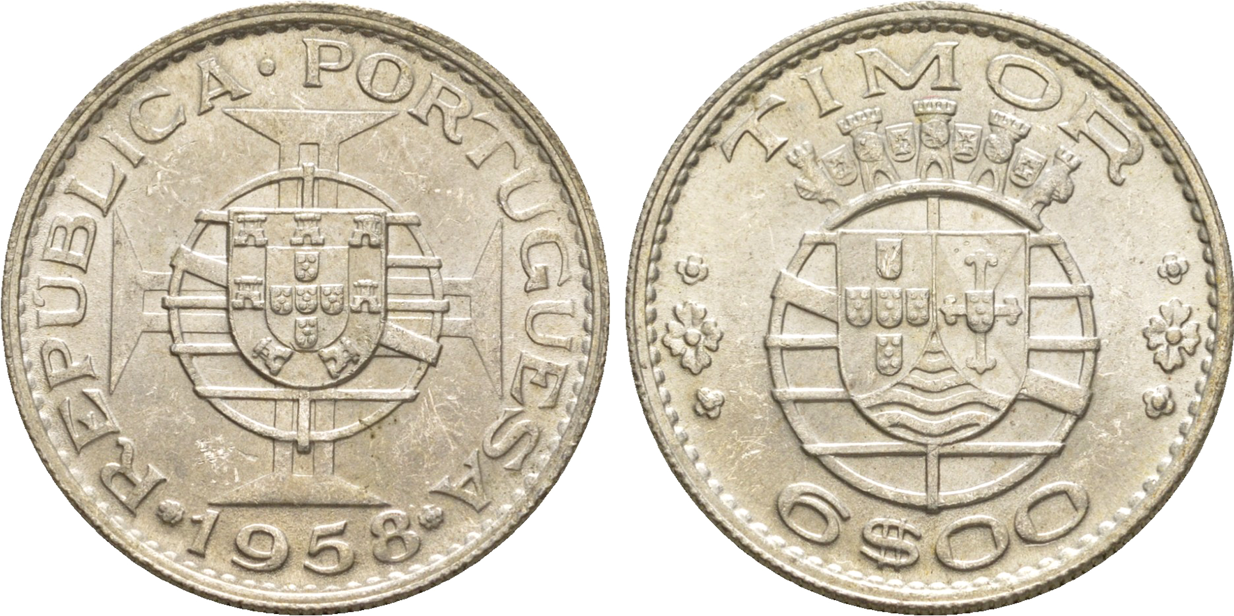 Португальский Тимор 6 эскудо 1958  KM 15 серебро  aUNC  4635-852