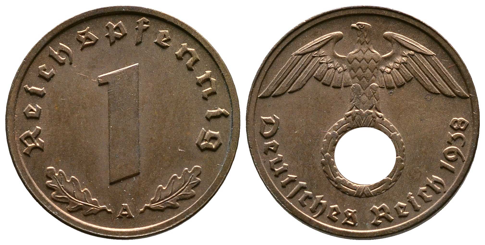 Германия 1 рейхспфенниг 1938 A KM 89, J. 361 бронза    220-246