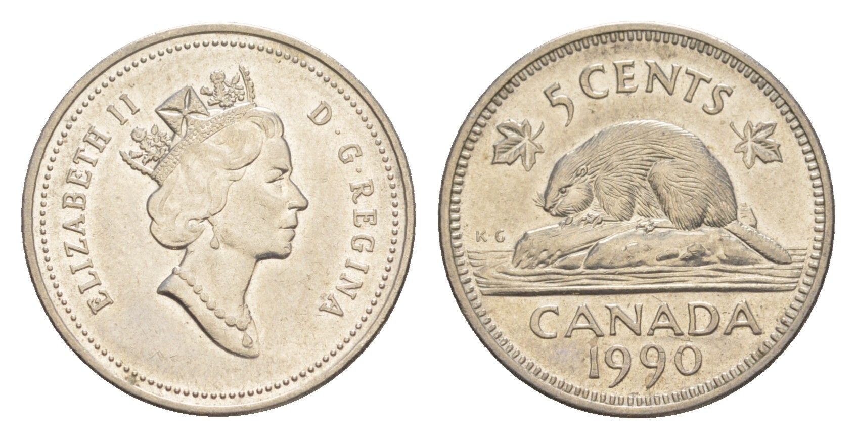 Канада 5 центов 1990 Елизавета II (1952-2022), бобр KM 182 медно-никель 4636-619