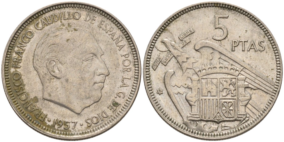 Испания 5 песет 1957 (59) Франсиско Франко (1939 - 1975) KM 786 медно-никель 4155-531