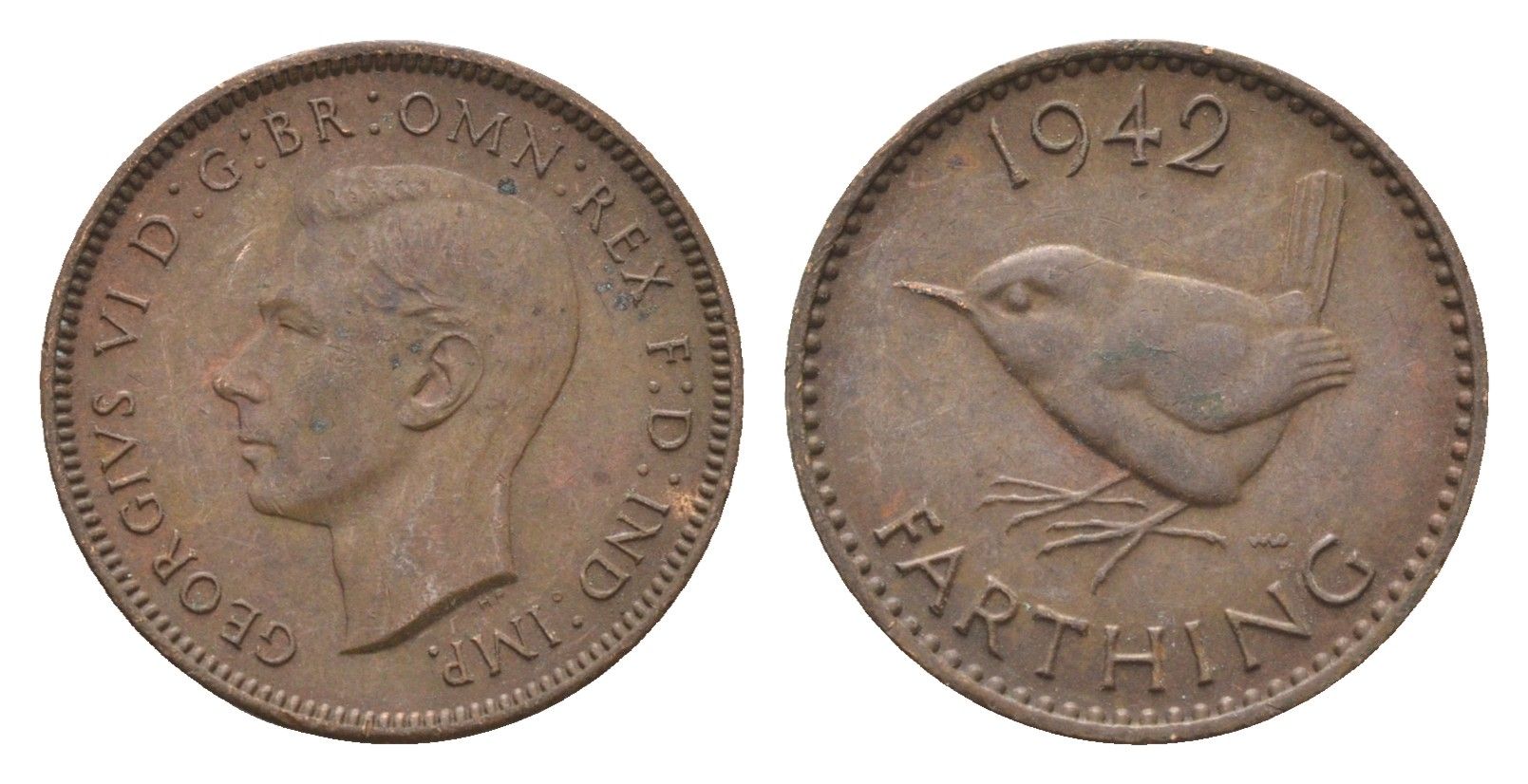 Великобритания 1 фартинг 1942 Георг VI (1936-1952) KM 843, Spink 4116 бронза 4664-338