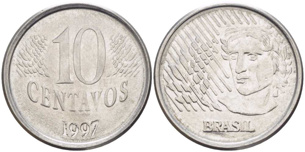 Бразилия 10 сентаво 1997 голова свободы KM 633 нержавеющая сталь 60-333