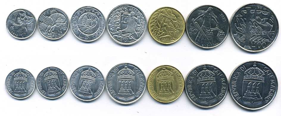 Сан-Марино годовой набор из 7 монет 1973 1, 2, 5, 10, 20, 50 и 100 лир KM 22-28 UNC 3-6-4-47