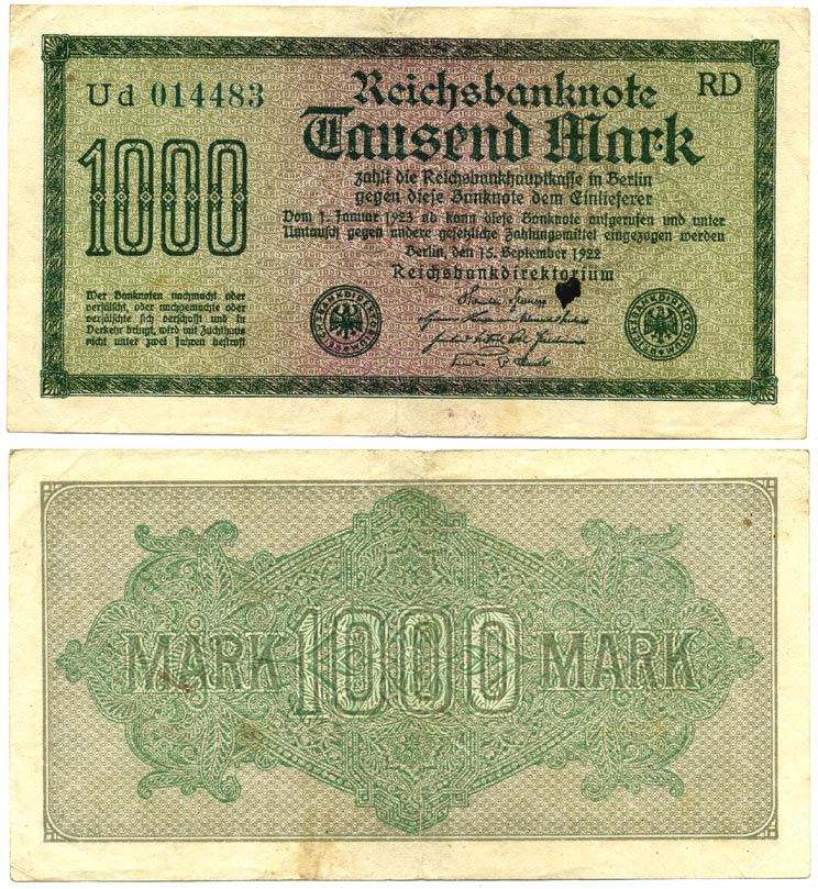 ГЕРМАНИЯ 1000 МАРОК 1922 15 СЕНТЯБРЯ 1922, ВОДЯНОЙ ЗНАК G, БЕЛАЯ БУМАГА Pick 76е бумага 7147-27-1