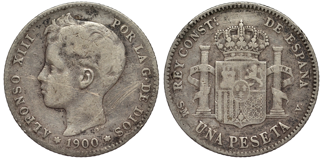Испания 1 песета 1900 (00) SM-V, АЛЬФОНСО XIII (1886-1931) KM 706 (Y88) серебро 4566-633