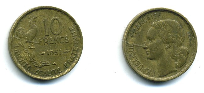 Франция 10 франков 1951 петух KM 915.1, Le Franc 363.4 алюминиевая бронза 46-421