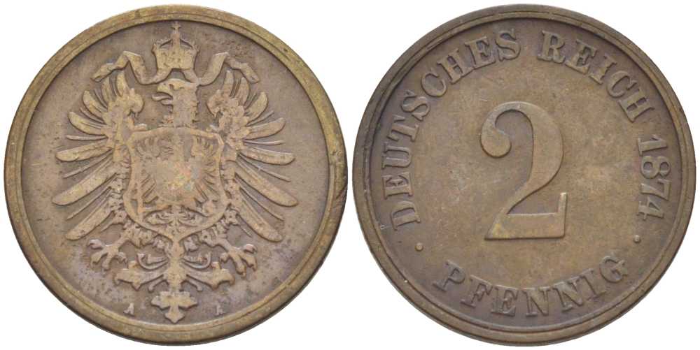 ГЕРМАНИЯ 2 ПФЕННИГА 1874 A, СТАРОГЕРБОВКА KM 2, J. 2, Weege 3 медь 212-453