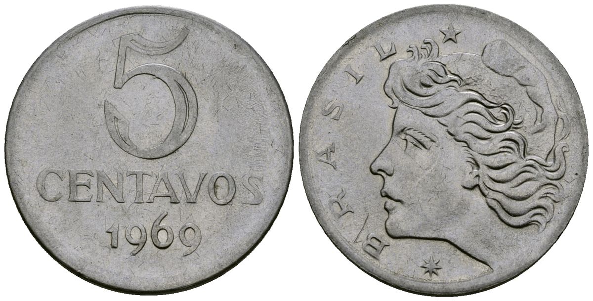 Бразилия 5 сентаво 1969  голова свободы влево KM 577.2, Schon 82a нержавеющая сталь 4138-512