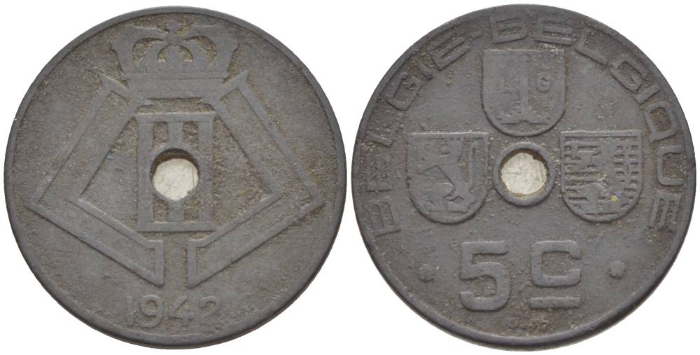 БЕЛЬГИЯ 5 САНТИМОВ 1942 BELGIE-BELGIQUE, ГЕРМАНСКАЯ ОККУПАЦИЯ, ВТОРАЯ МИРОВАЯ ВОЙНА KM 124 цинк 4546-132