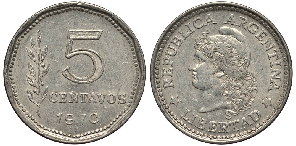 Аргентина 5 сентаво 1970 голова свободы влево KM 65 алюминий 4181-236