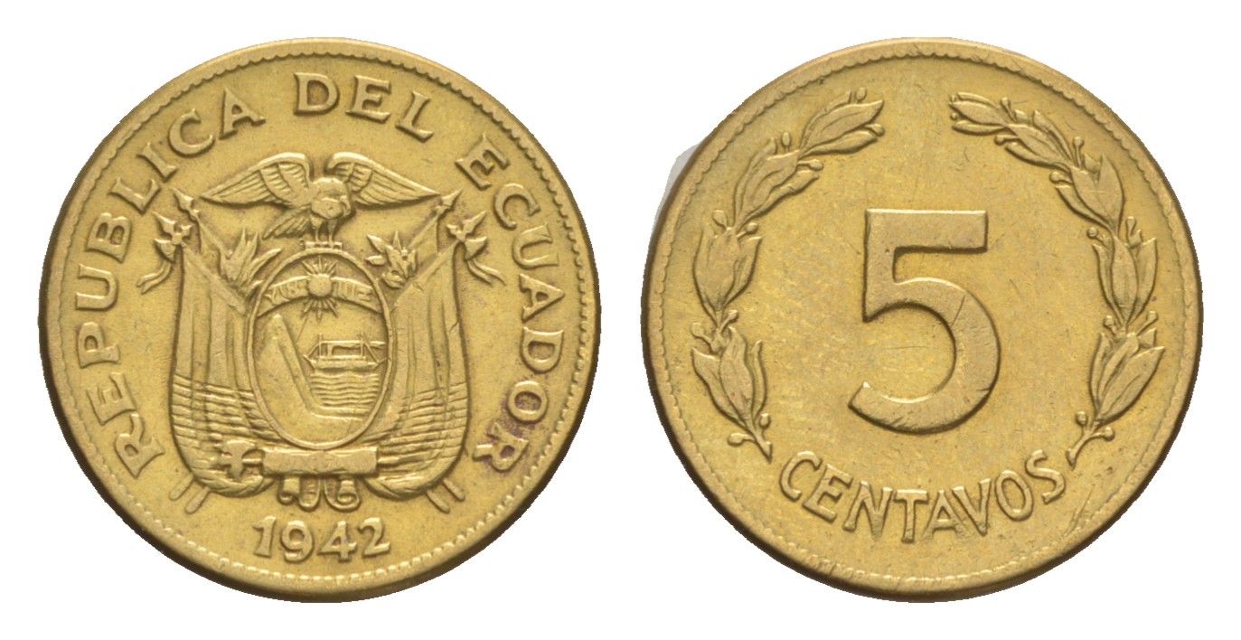 Эквадор 5 сентаво 1942 KM 75a латунь 1528-1344