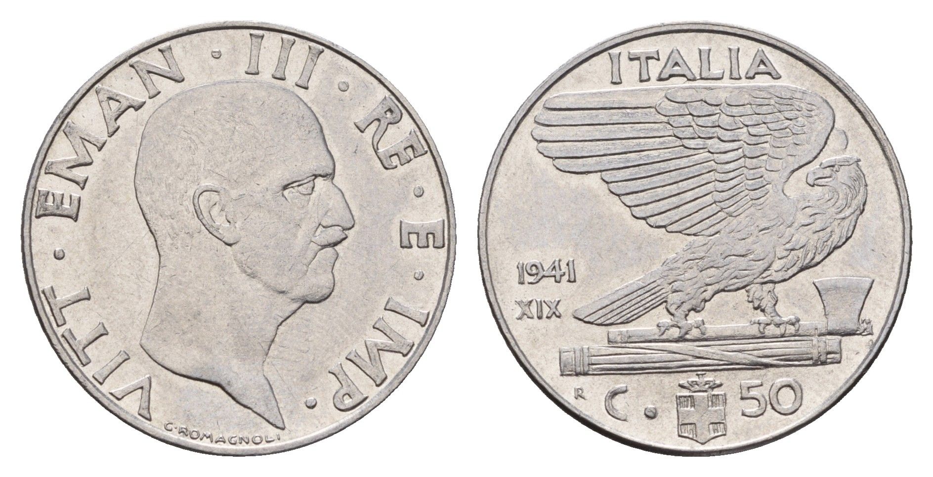 Италия 50 чентезимо 1941 R, Виктор Эммануил III (1900-1946) KM 76b нержавеющая сталь 3996-956