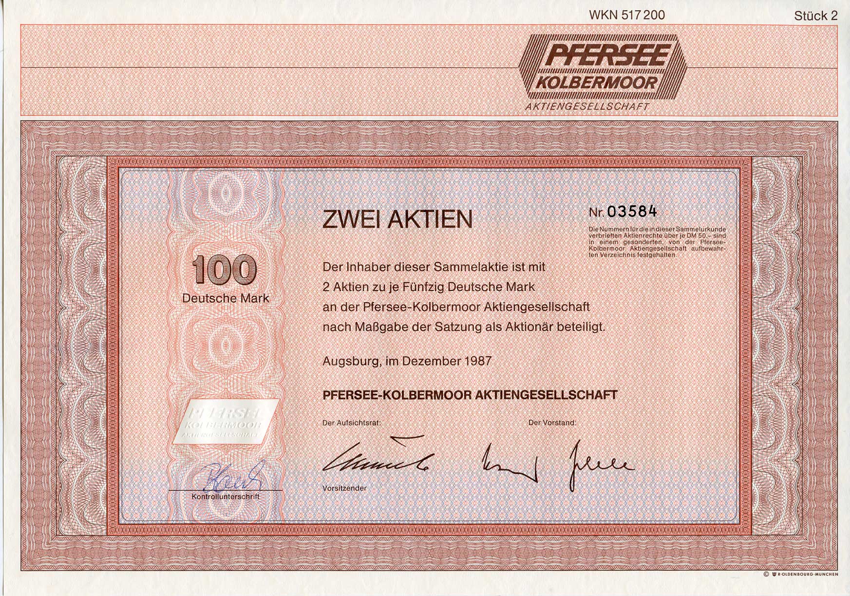 ФРГ 100 марок 1987 Пферзее Кольбермур АГ, Аугсбург, 2 акции   бумага 8803-124-1