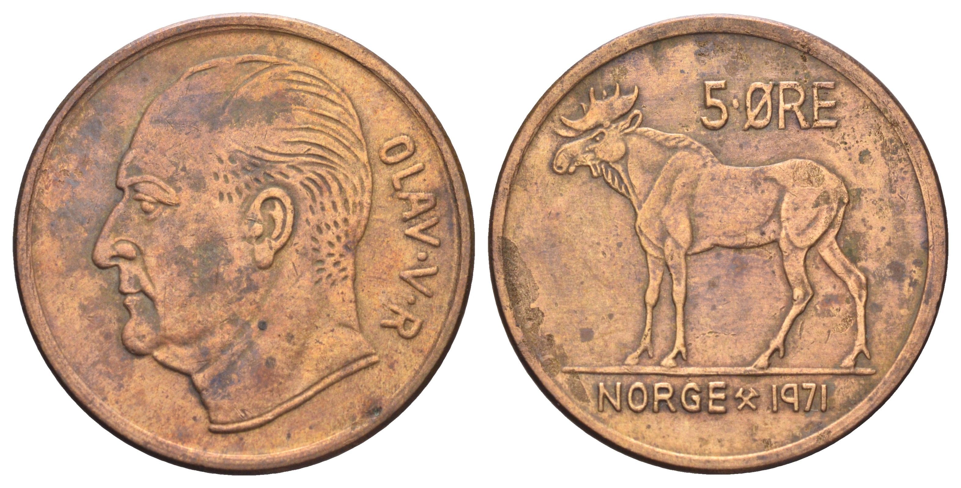 Норвегия 5 эре 1971 Улаф V (1957-1991) KM 405 бронза 4700-745