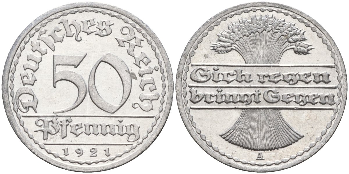 Германия 50 пфеннигов 1921 A KM 27, J.301, Weege 10 алюминий UNC 4584-841