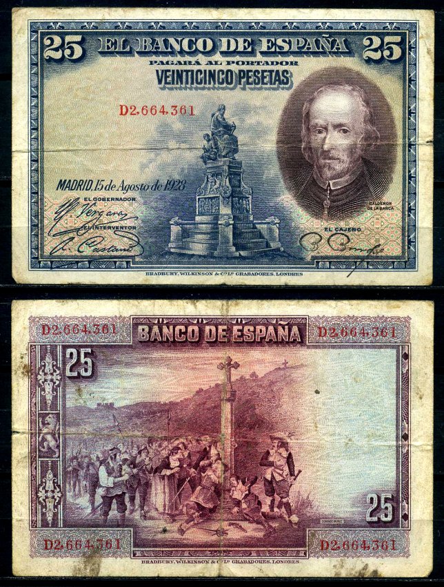 Испания 25 песет 1928 серия, Пьедро Кальдерон де ла Барка Pick 74b бумага 7203-54-1-2