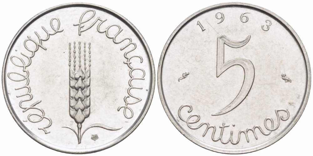 ФРАНЦИЯ 5 САНТИМОВ 1963 ПЯТАЯ РЕСПУБЛИКА KM 927, LE FRANC 124.5 хромированная сталь 105-429