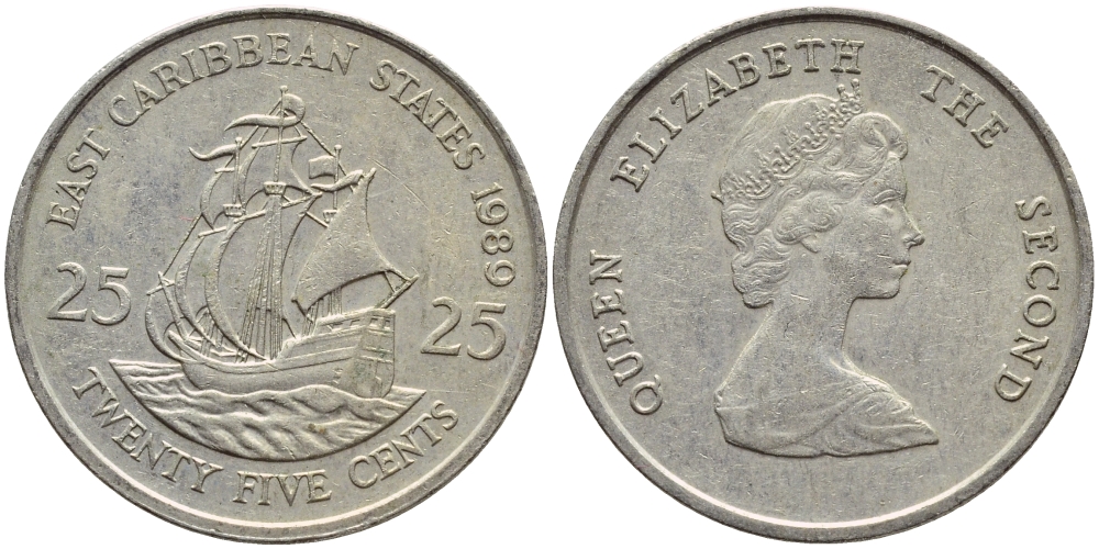 Восточно-Карибские штаты 25 центов 1989 Елизавета II (1952-2022), парусник KM 14 медно-никель 86-1231