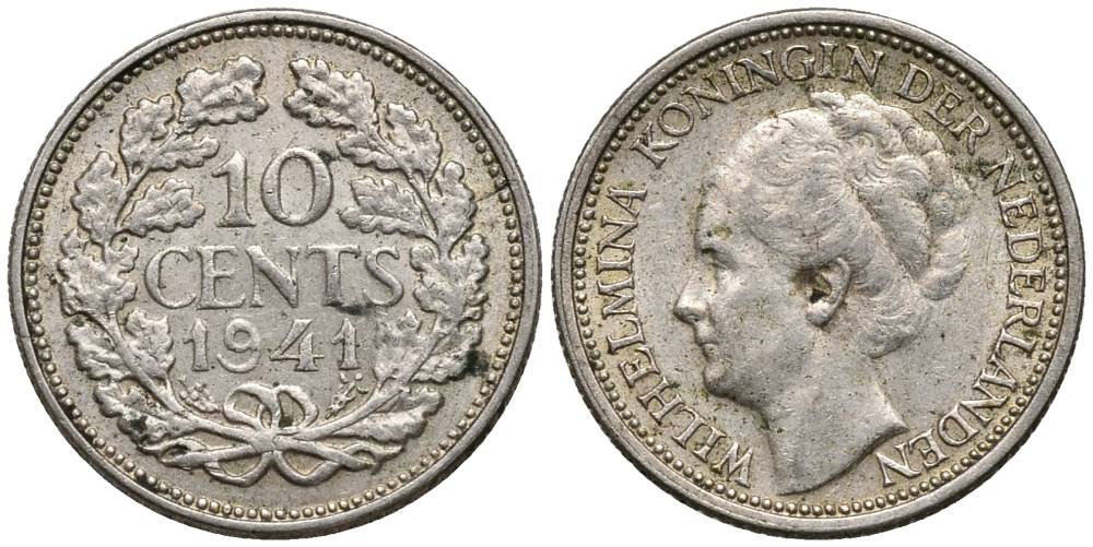 Нидерланды 10 центов 1941 Вильгельмина I (1890-1948) КМ 163 серебро 4549-1053