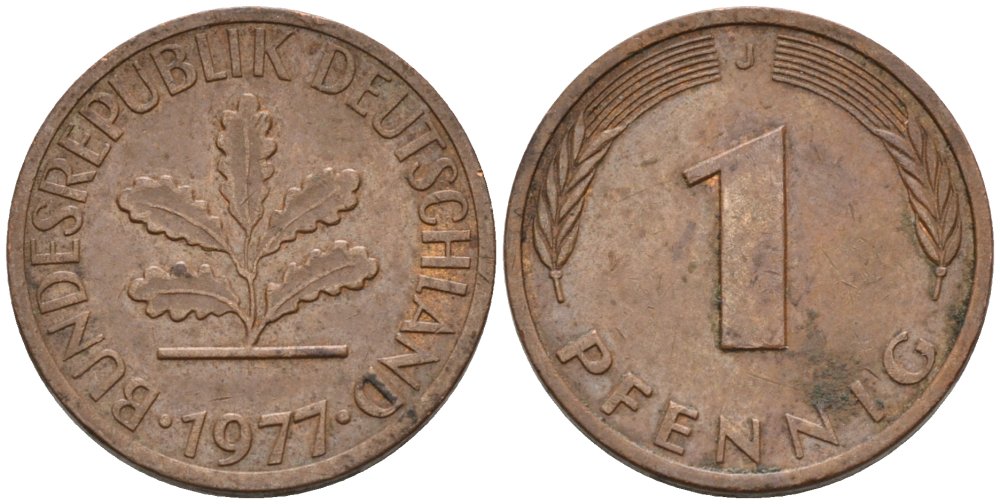 ФРГ 1 ПФЕННИГ 1977 J KM 105, J.380 сталь плакированная медью 4567-864