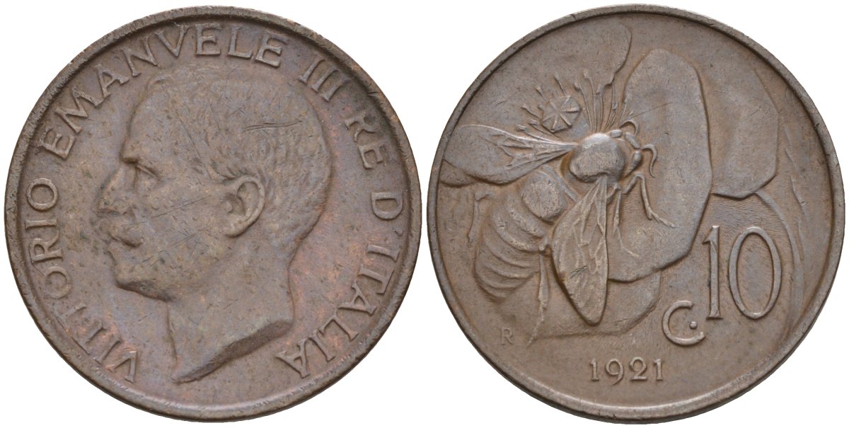 Италия 10 чентезимо 1921 R, пчела, Виктор Эммануил III (1900-1946) KM 60 медь 4591-954