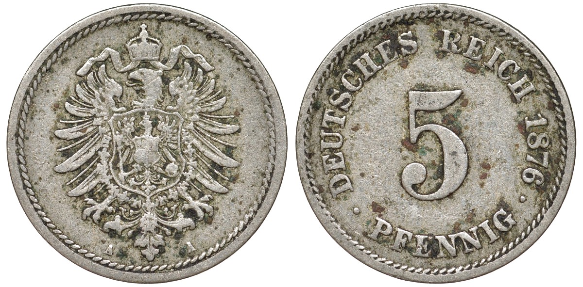 Германия 5 пфеннигов 1876 A, старогербовка KM 3, J. 3 медно-никель 51-3842