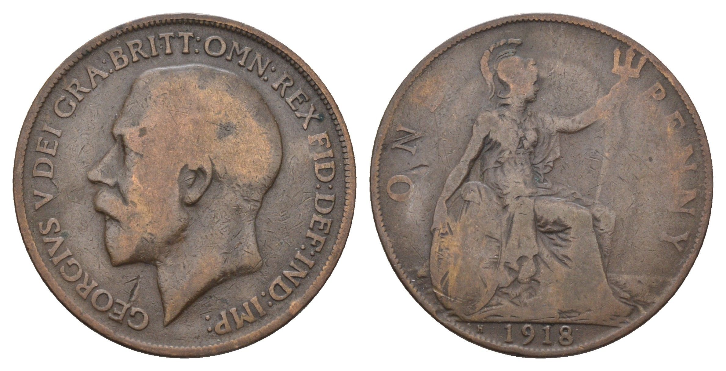 Великобритания 1 пенни 1918 H, Георг V (1910-1936) KM 810, Spink 4052 бронза 4661-612