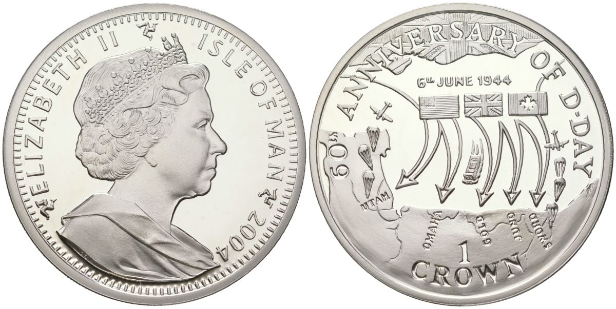 Остров Мэн 1 крона 2004 60 лет Высадке в Нормандии KM 1222a серебро PROOF 1530-1415