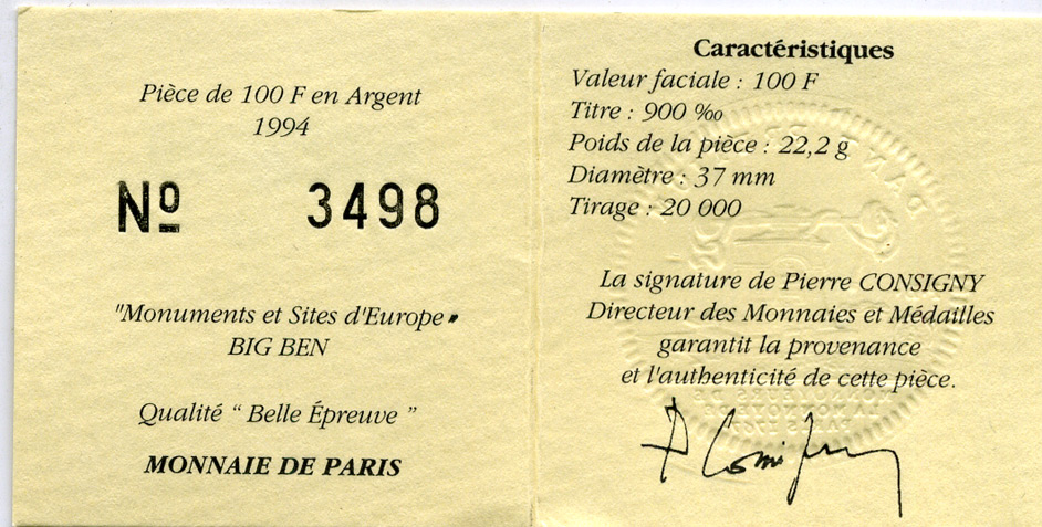 Франция 100 франков - 15 экю 1994 серия архитектурные монументы Европы (Биг Бэн в Лондоне), в коробке с сертификатом KM 1070 серебро  PROOF  5-6-1-38