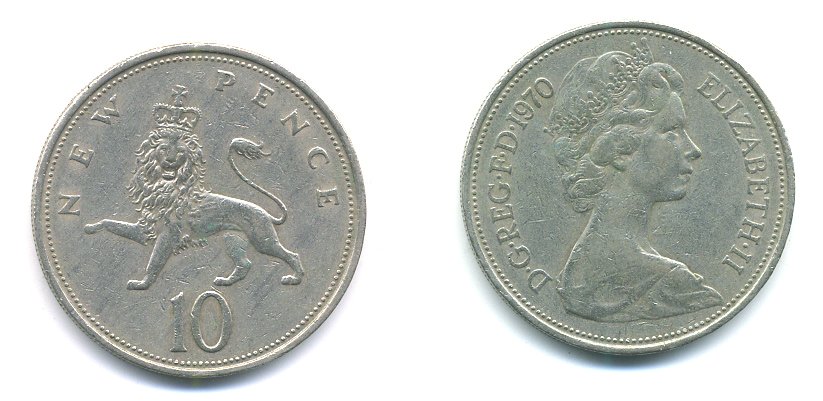 Великобритания 10 пенсов 1970 Елизавета II (1952-2022) KM 912, Spink 4231 (F1) медно-никель 3999-334