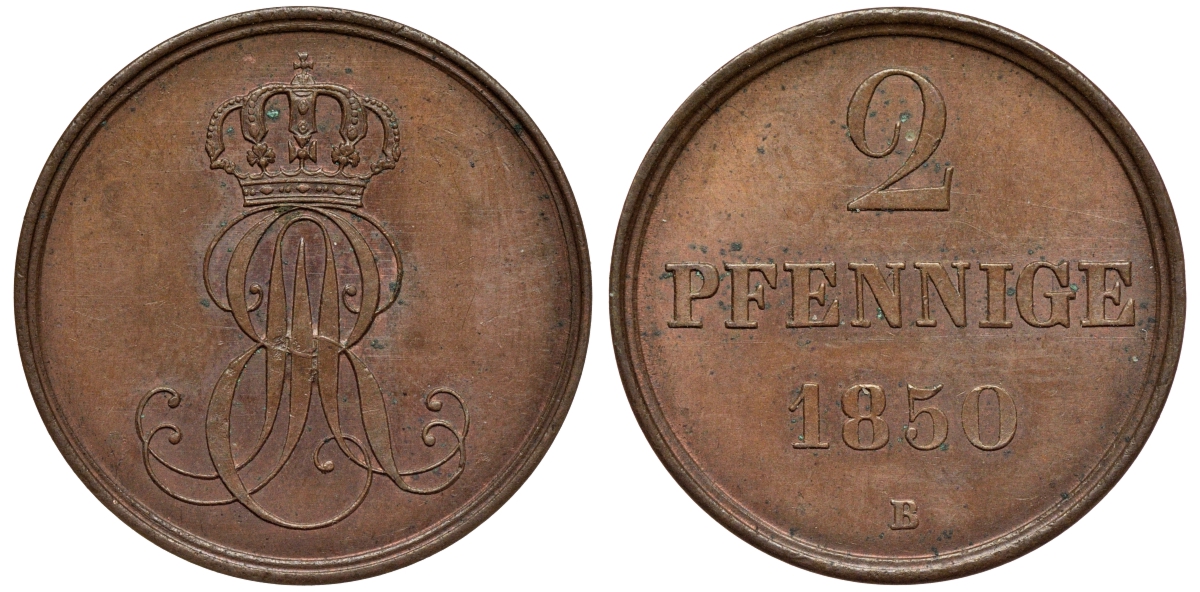 Ганновер 2 пфеннига 1850 B, Эрнст Август (1837-1851) KM 202.1, AKS 124, J. 75 медь aUNC 75-1945