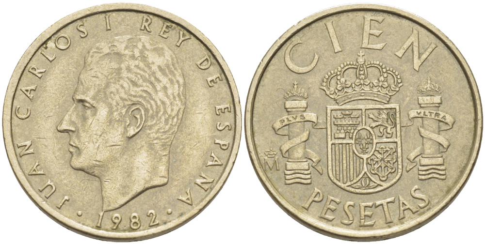 ИСПАНИЯ 100 ПЕСЕТ 1982 ХУАН КАРЛОС I ( 1975-) KM 826 алюминиевая бронза 4185-944