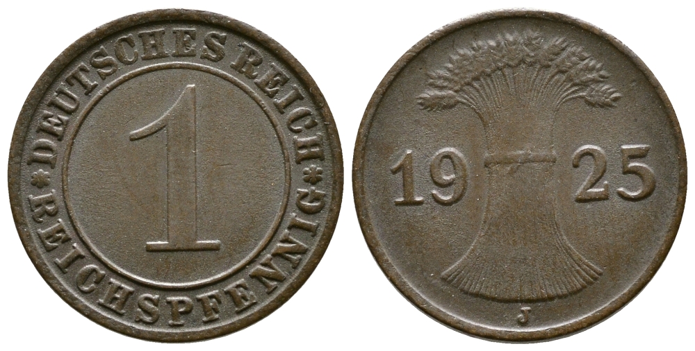 ГЕРМАНИЯ 1 РЕЙХСПФЕННИГ 1925 J KM 37, J. 313 бронза 4380-1137